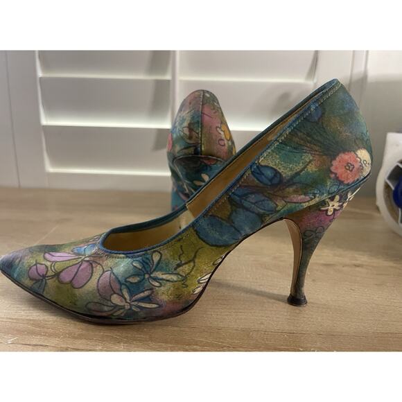 VTG Town Fair 1950s 1960s Pumps High Heels Stilettos Sz 7 Floral Printed - Picture 7 of 13